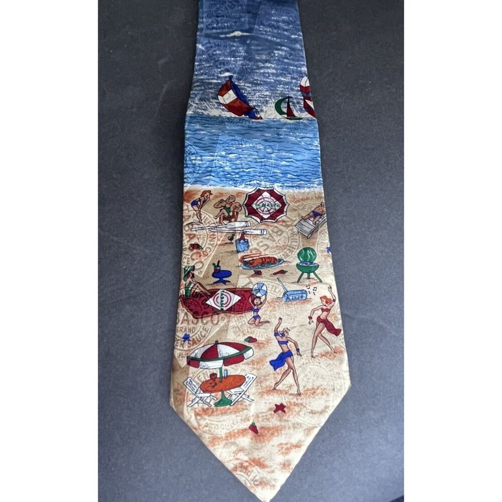 Tabasco Tie Sauce Seafood Dining Novelty Beach Print Silk Louisiana USA Necktie